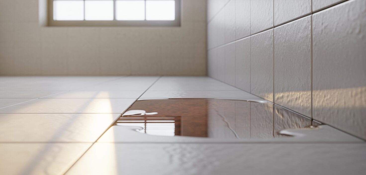 Fuktskada i badrum, tecken på vattenläcka med vita kakelplattor och fukt på golvet.