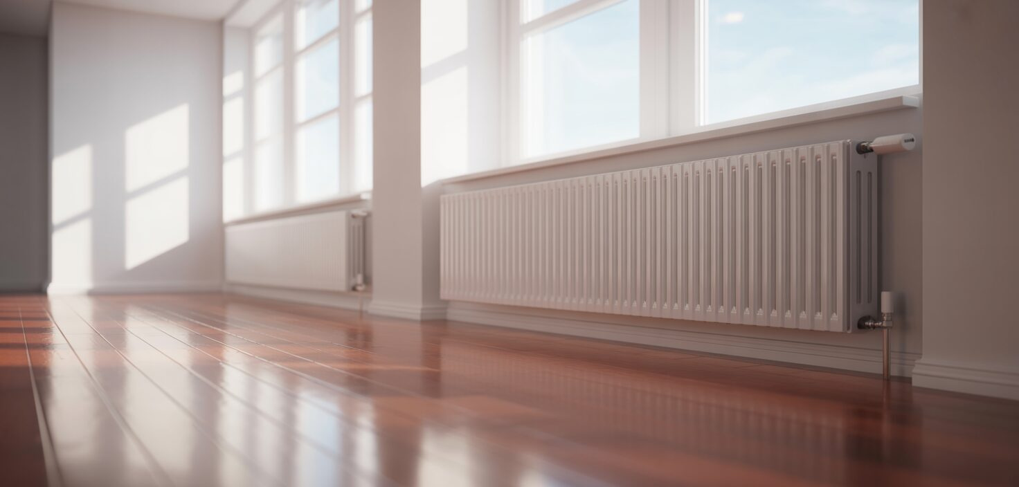 Fotorealistiskt foto av en modern lägenhet med en korrekt injusterad radiator, fokus på värmeoptimering.