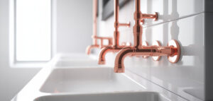 Fotorealistiskt foto av kopparrörkoppling i badrum.