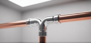 Närbild av kromad rörkoppling på en vit vägg. Återspeglar VVS-firmans kvalitet och säkerhet.