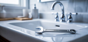 En kromad skiftnyckel på en vit porslinshandfat i ett modernt badrum, vilket representerar VVS-reparation.