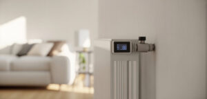 Närbild av en minimalistisk radiatorventil i ett modernt hem.