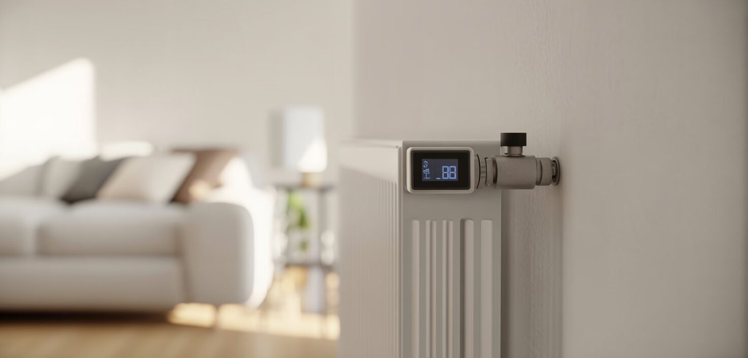 Närbild av en minimalistisk radiatorventil i ett modernt hem.