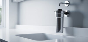 Fotorealistisk bild av ett minimalistiskt vattenfilter installerat i ett modernt svenskt hem.
