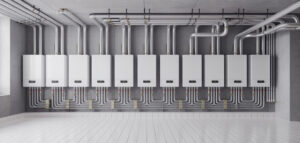 Fotorealistiskt fotografi av modernt pannrum med rör och ventiler, rent och snyggt.