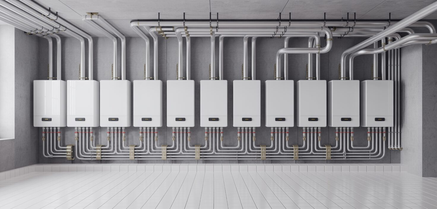 Fotorealistiskt fotografi av modernt pannrum med rör och ventiler, rent och snyggt.