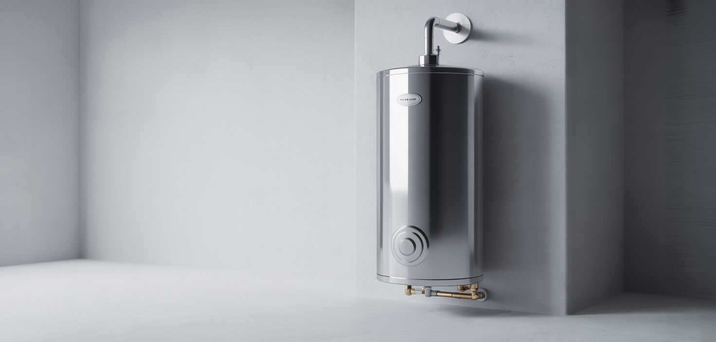 Ny varmvattenberedare i minimalistisk vit tvättstuga