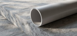 Nytt PVC-rör på betonggolv, stambyte, minimalistisk bild.