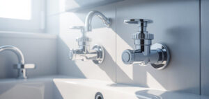 En fotorealistisk bild av en säkerhetsblandningsventil för varmvatten, installerad på en vit vägg. Ventilen är kromad och ren.