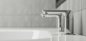 Fotorealistisk bild av en modern rostfri vattenkran i ett minimalistiskt badrum.