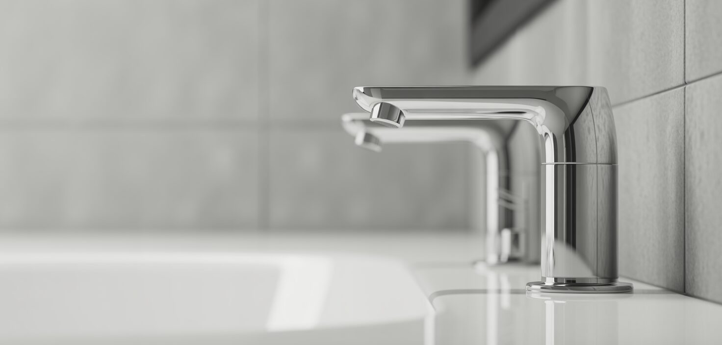 Fotorealistisk bild av en modern rostfri vattenkran i ett minimalistiskt badrum.